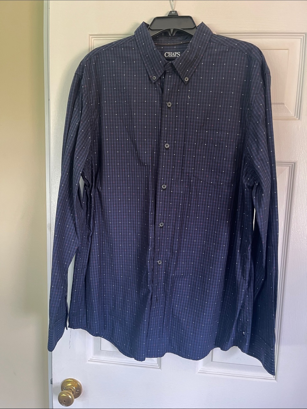 Chaps Navy Blue Long-Sleeve Button-Down Shirt with Micro Dot Pattern